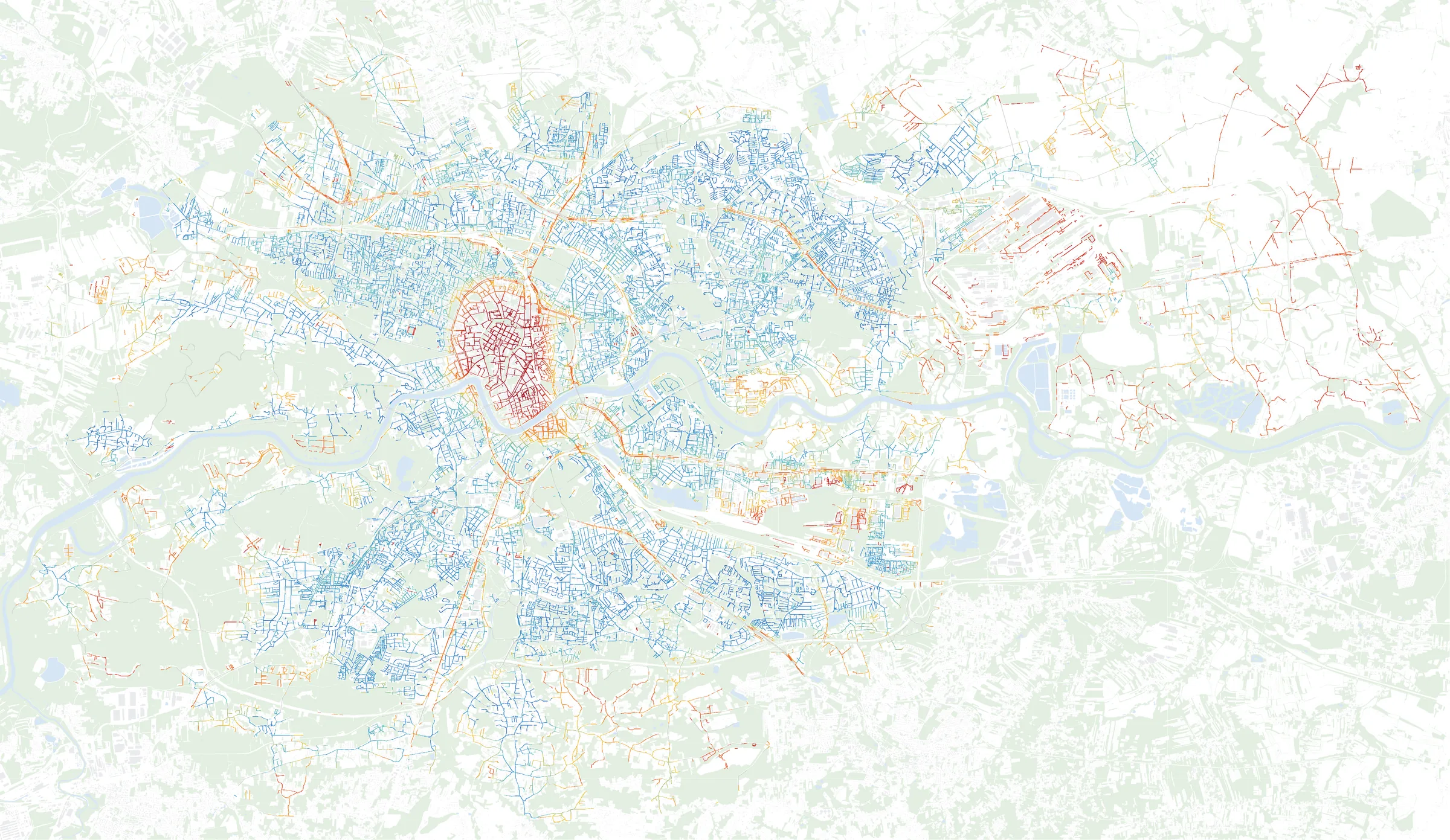 Map of Kraków: every street coloured by its score, blue for great to live on and red for hard to live on