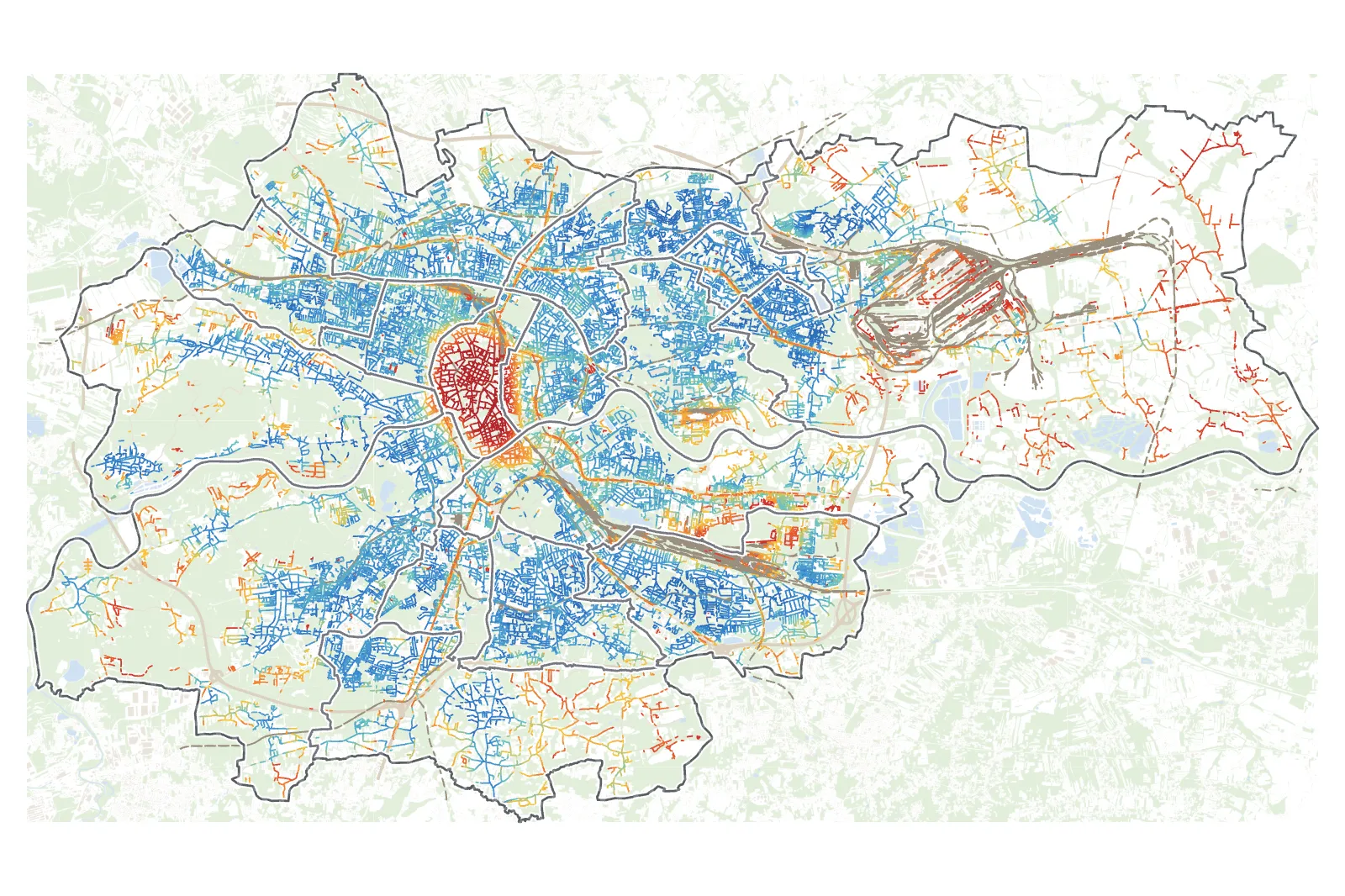 Map of Kraków: every street coloured by its score, blue for great to live on and red for hard to live on
